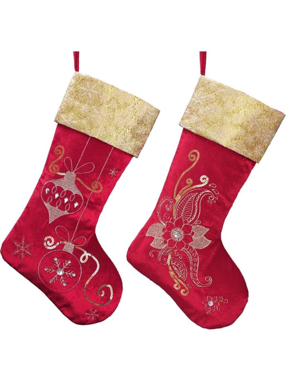Set of 2 Velvet Red & Gold Christmas Stockings - Festive Holiday Decor